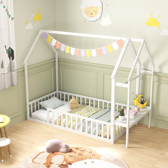Twin House Floor Bed Montessori Bed Frame with Storage Shelf-White