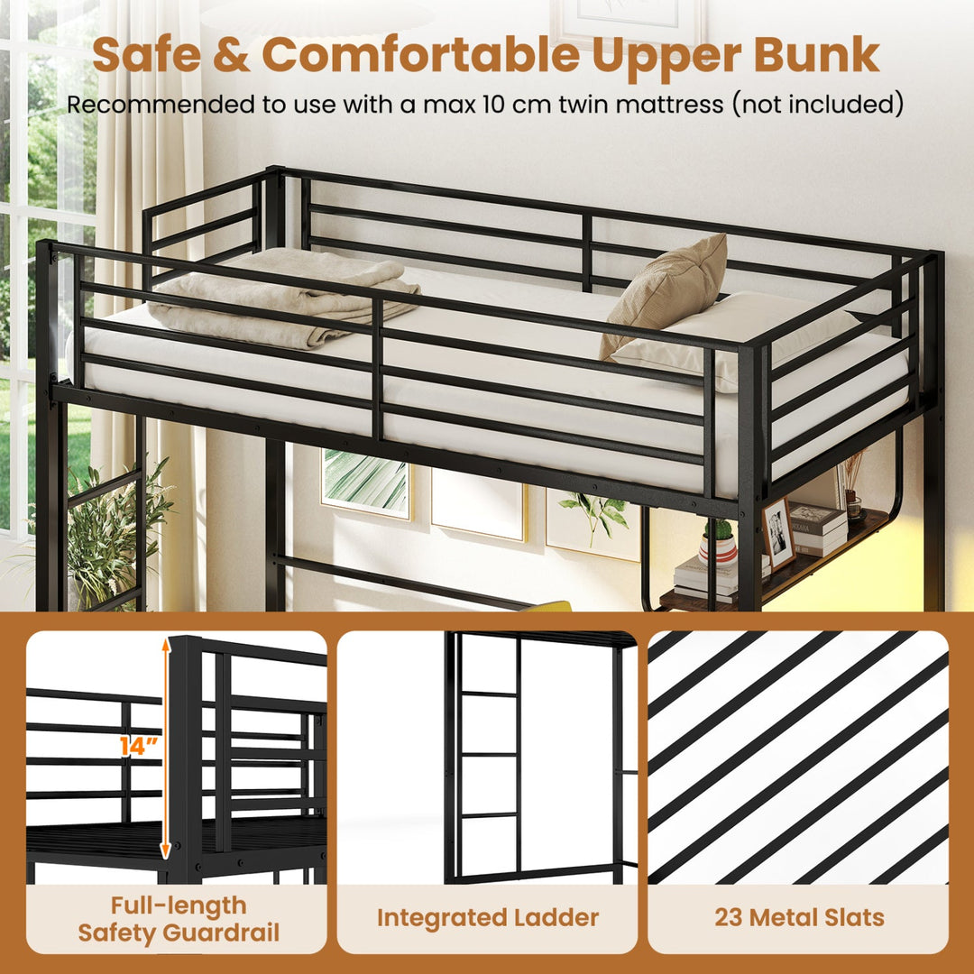 Twin Loft Bed with Desk LED Lights Charging Station Heavy-duty Metal Bed Frame with Guardrail