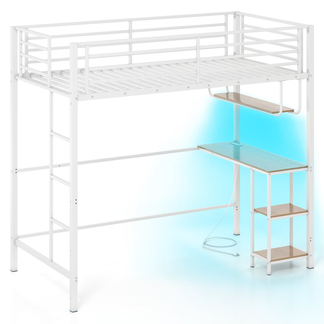 Twin Loft Bed with Desk LED Lights Charging Station Heavy-duty Metal Bed Frame with Guardrail