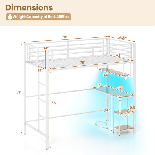 Twin Loft Bed with Desk LED Lights Charging Station Heavy-duty Metal Bed Frame with Guardrail