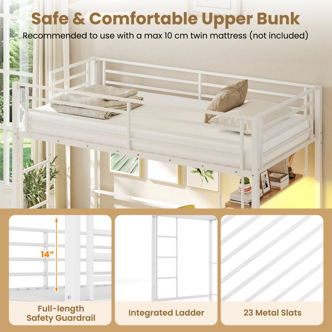Twin Loft Bed with Desk LED Lights Charging Station Heavy-duty Metal Bed Frame with Guardrail