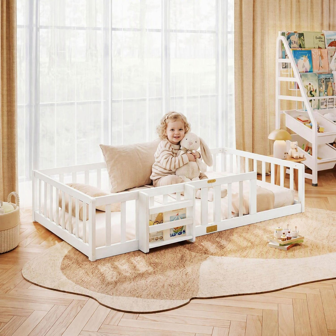 Twin Montessori Floor Bed with Bookshelf Door Plywood Crossbars Safety Guardrails-White