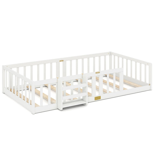 Twin Montessori Floor Bed with Bookshelf Door Plywood Crossbars Safety Guardrails-White