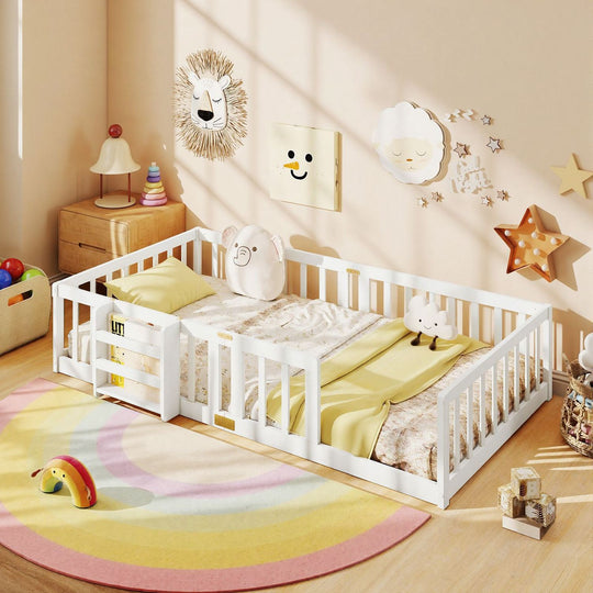 Twin Montessori Floor Bed with Bookshelf Door Plywood Crossbars Safety Guardrails-White