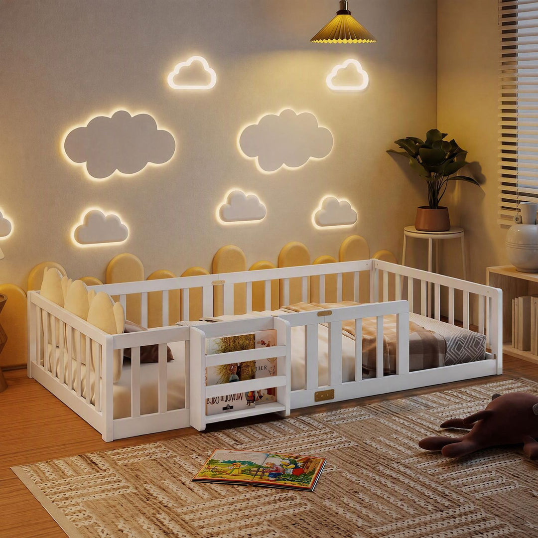 Twin Montessori Floor Bed with Bookshelf Door Plywood Crossbars Safety Guardrails-White