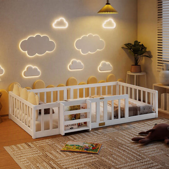 Twin Montessori Floor Bed with Bookshelf Door Plywood Crossbars Safety Guardrails-White