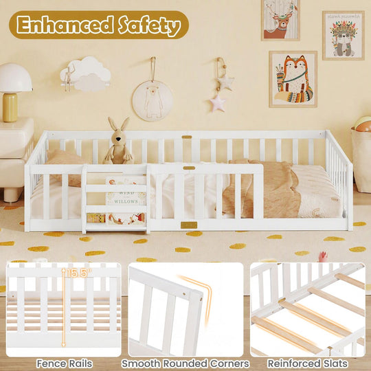 Twin Montessori Floor Bed with Bookshelf Door Plywood Crossbars Safety Guardrails-White