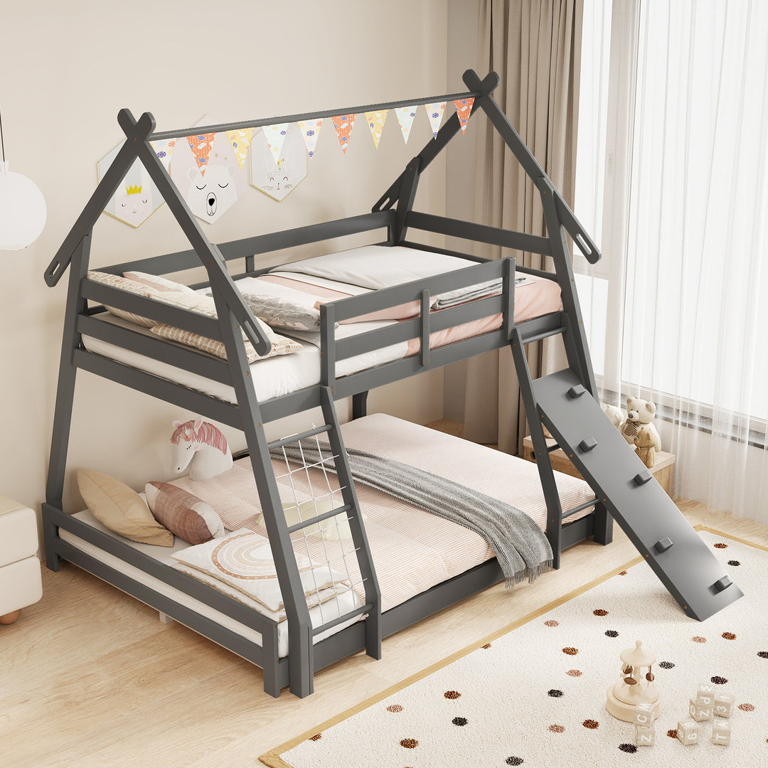 Twin Over Queen Bunk Bed Wooden Kids Bed with Climbing Nets and Ramp-Gray