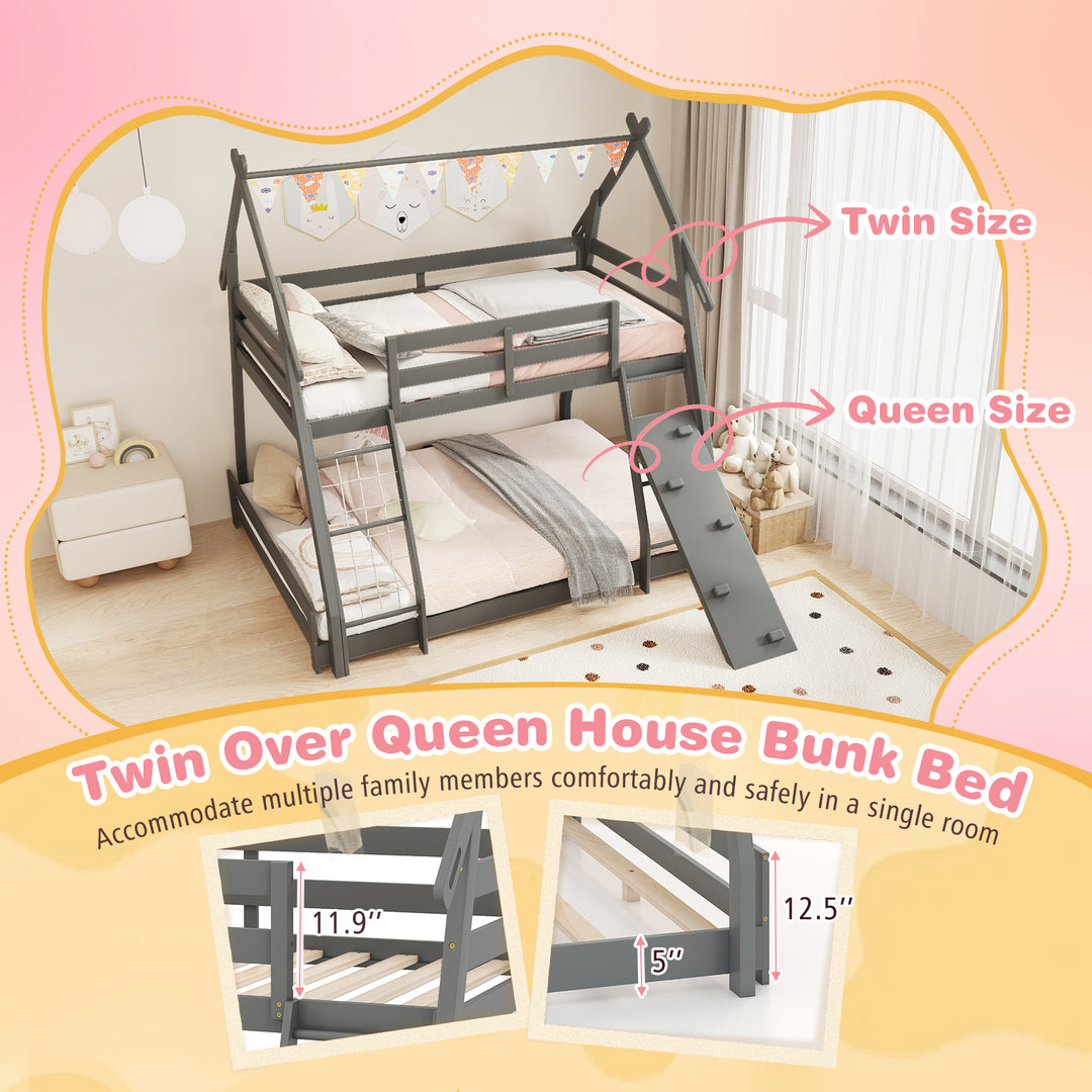 Twin Over Queen Bunk Bed Wooden Kids Bed with Climbing Nets and Ramp-Gray