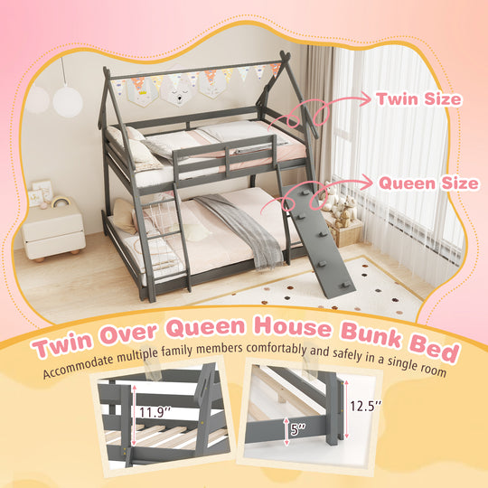 Twin Over Queen Bunk Bed Wooden Kids Bed with Climbing Nets and Ramp-Gray
