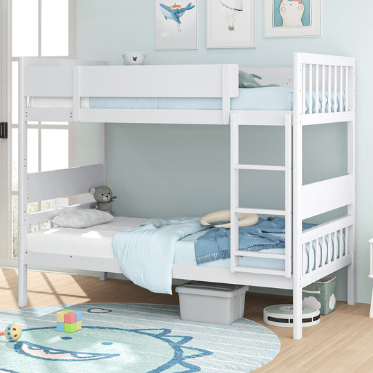 Twin Over Twin Bunk Bed with Ladder and Full-length Guardrails-White