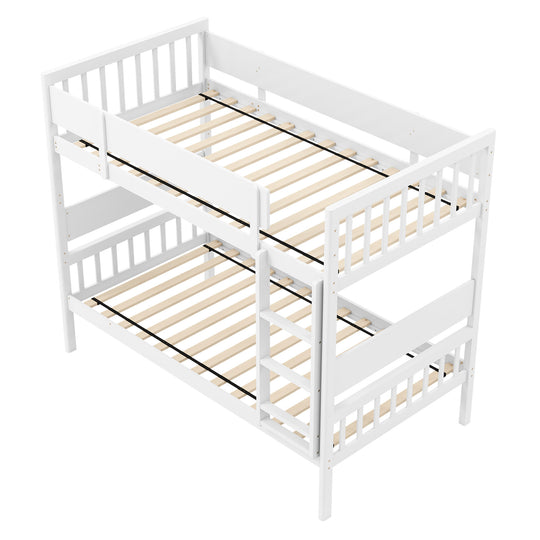 Twin Over Twin Bunk Bed with Ladder and Full-length Guardrails-White