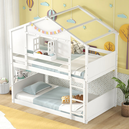 Twin Over Twin Bunk Bed for Kids with Roof and Lockable Window-White
