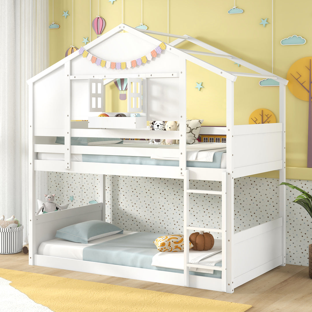 Twin Over Twin Bunk Bed for Kids with Roof and Lockable Window-White