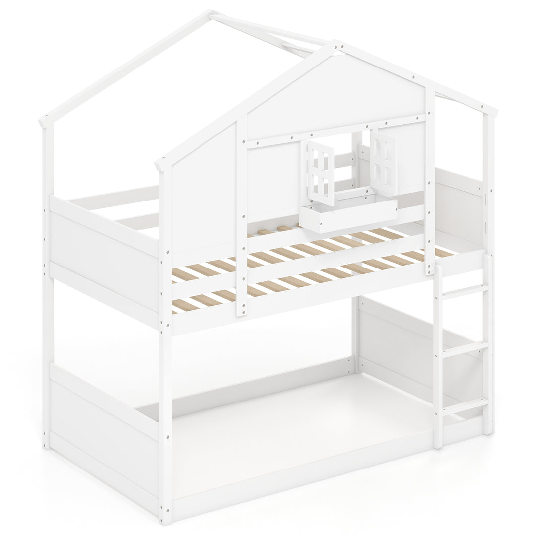 Twin Over Twin Bunk Bed for Kids with Roof and Lockable Window-White