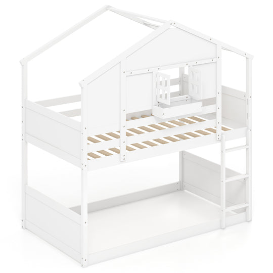 Twin Over Twin Bunk Bed for Kids with Roof and Lockable Window-White