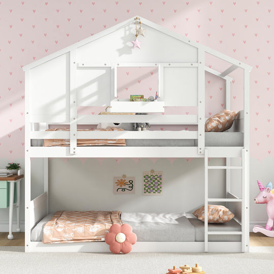 Twin Over Twin Bunk Bed for Kids with Roof and Lockable Window-White