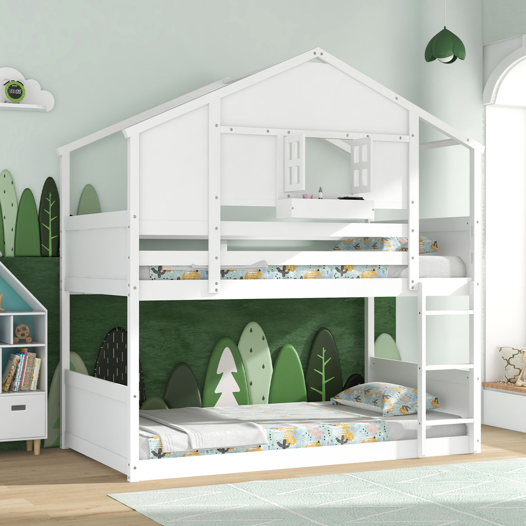 Twin Over Twin Bunk Bed for Kids with Roof and Lockable Window-White
