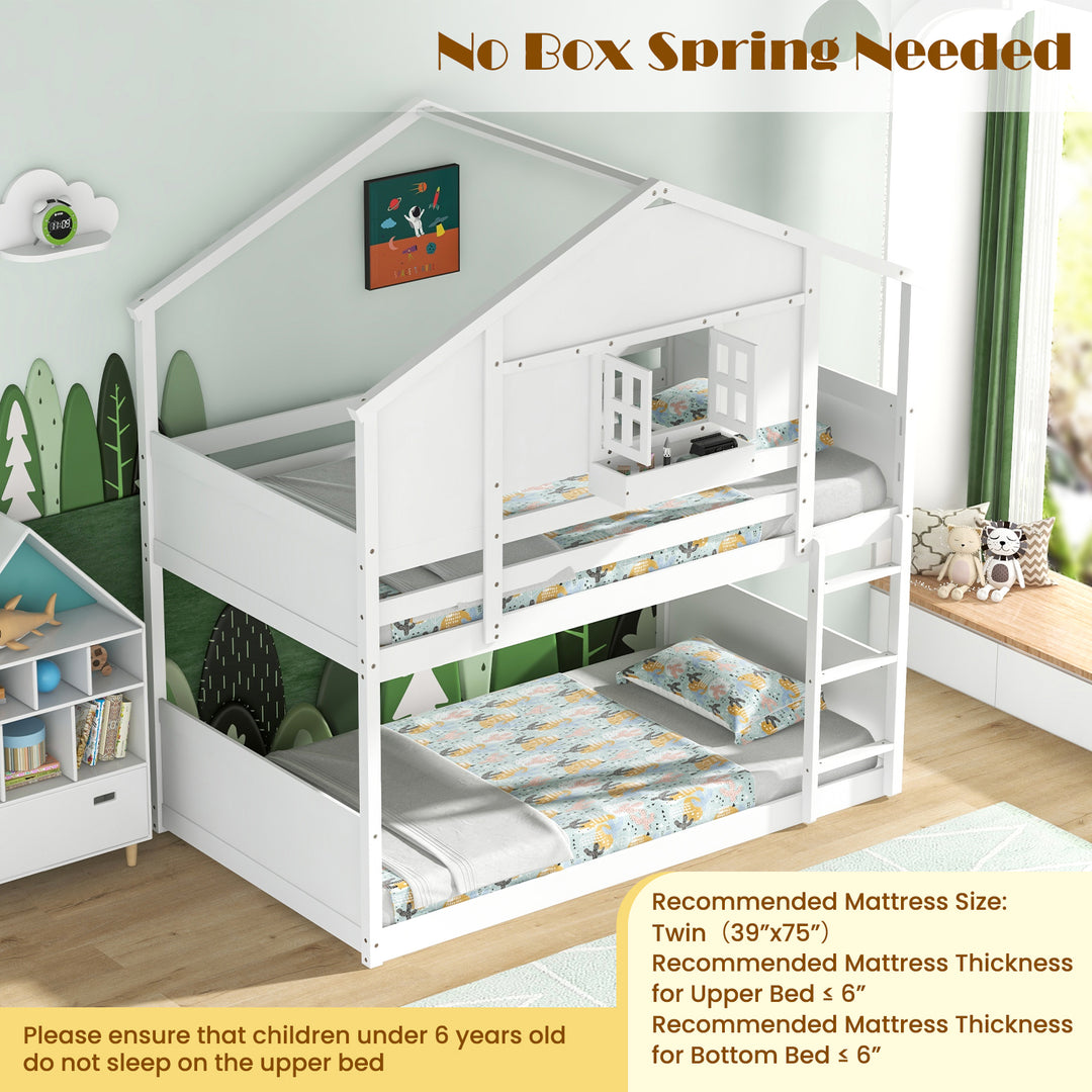 Twin Over Twin Bunk Bed for Kids with Roof and Lockable Window-White
