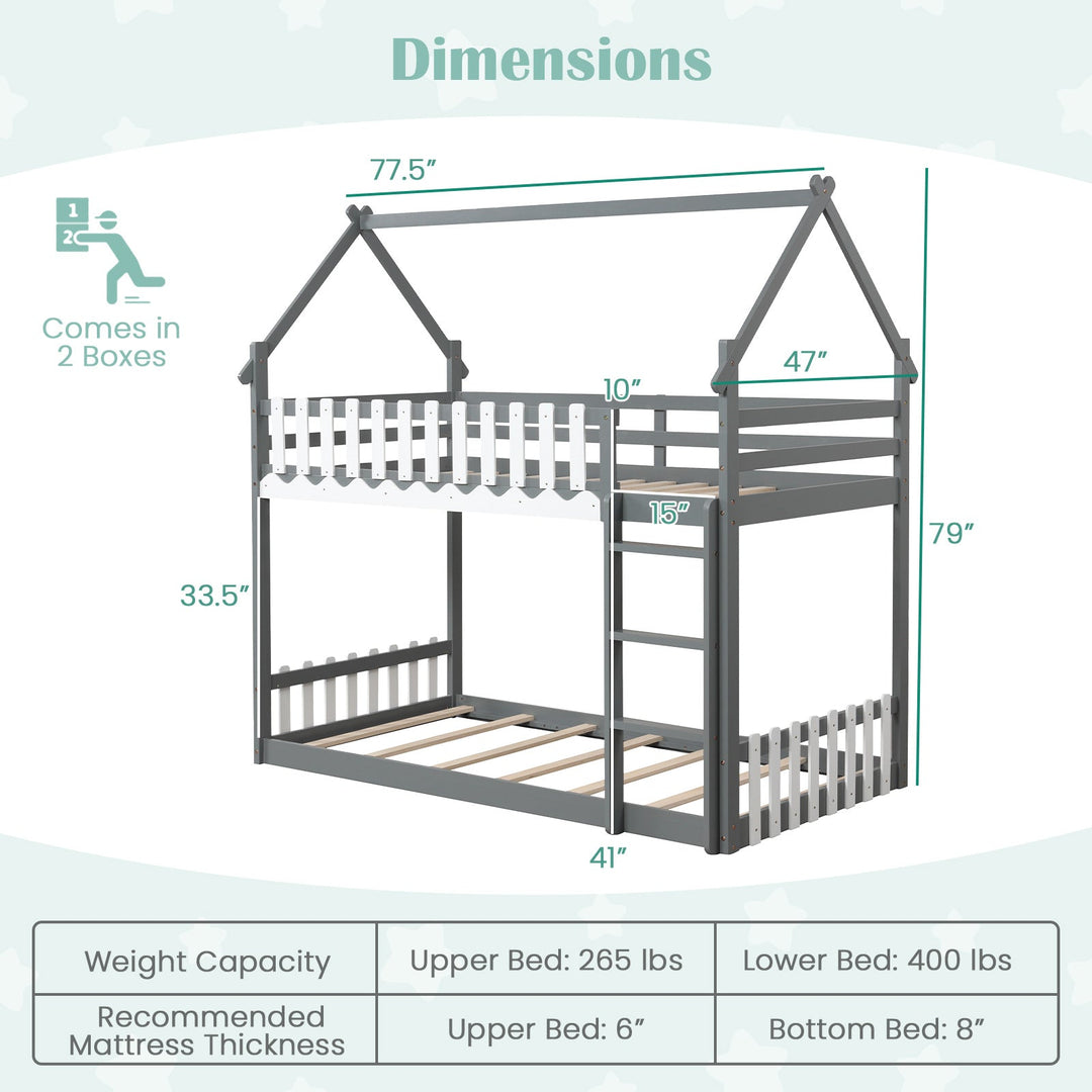 Twin Over Twin Bunk Bed with Fence and Ladder for Kids