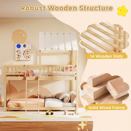 Twin Over Twin House Bunk Bed with Roof and Full-length Guardrails for Kids Teens Boys Girls
