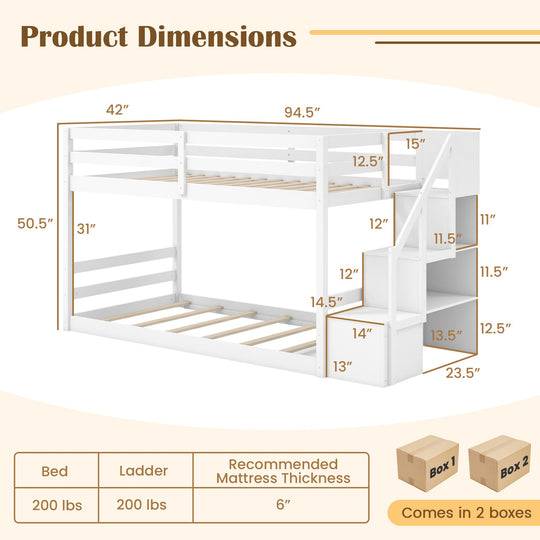 Twin Over Twin Low Bunk Bed with Storage Stairs Solid Wood Floor Bunk Bed Frame