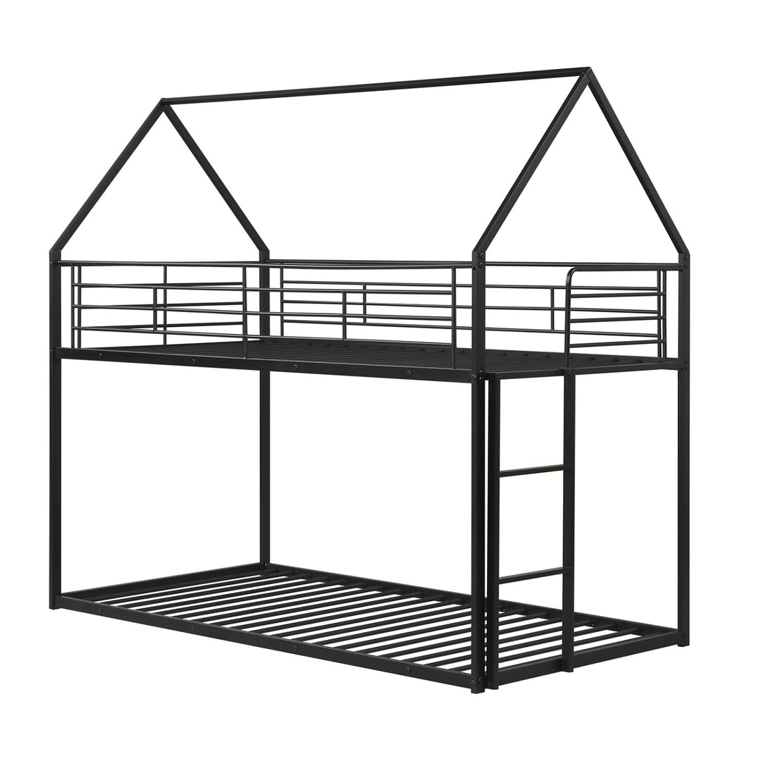 Twin Over Twin Metal Bunk Bed with Roof and Ladder