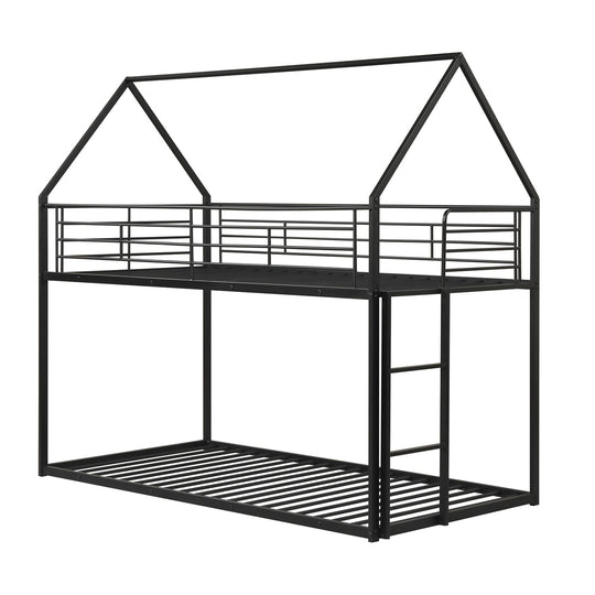 Twin Over Twin Metal Bunk Bed with Roof and Ladder