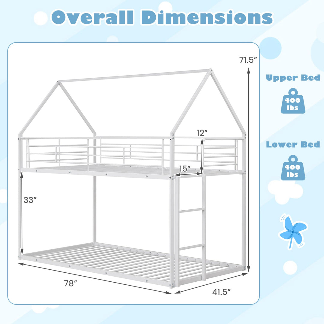 Twin Over Twin Metal Bunk Bed with Roof and Ladder