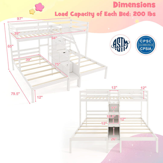 Twin Over Twin and Twin Bunk Bed with Storage Staircase and Guardrail for 3 Kids Teens