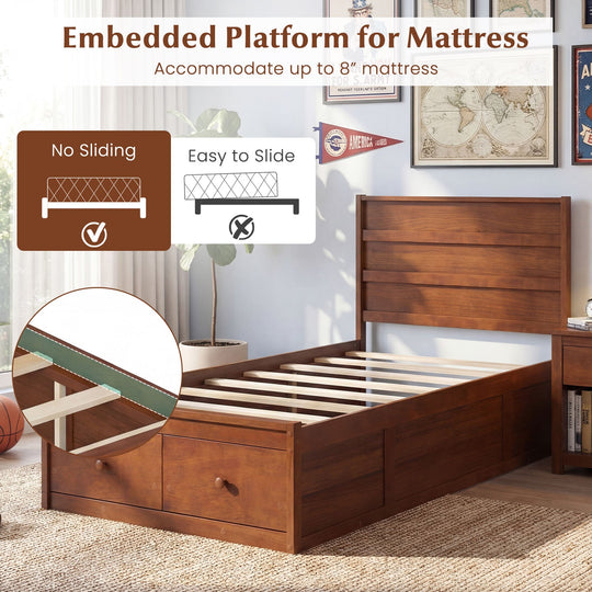 Twin Size Bed Frame with Storage Drawers and Headboard
