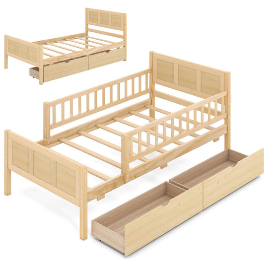 Full Size Bed Frame with Storage Drawers - Natural Pine