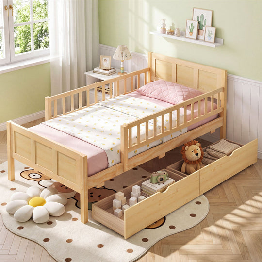 Full Size Bed Frame with Storage Drawers - Natural Pine