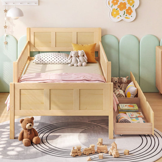 Full Size Bed Frame with Storage Drawers - Natural Pine