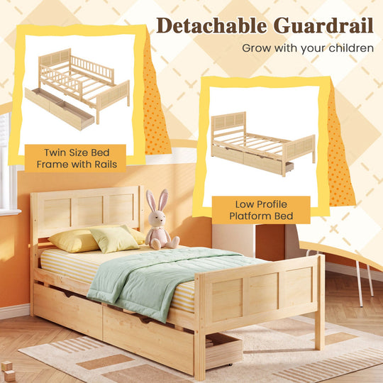 Full Size Bed Frame with Storage Drawers - Natural Pine