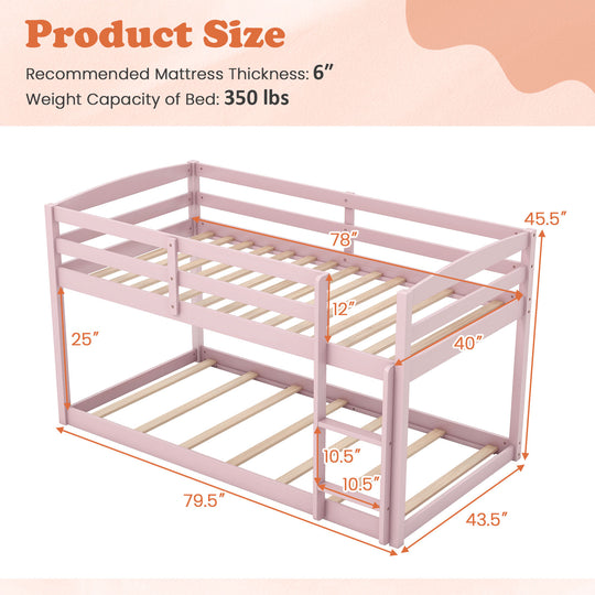 Twin Size Bunk Bed with High Guardrails and Integrated Ladder-Pink