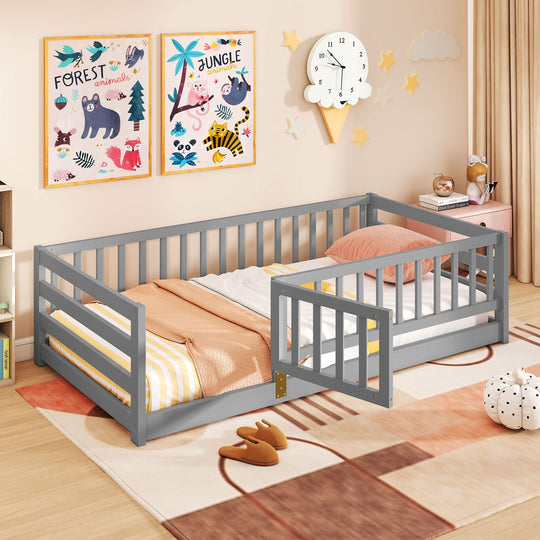 Twin Size Floor Bed with High Fence and Door Playhouse for Kids-Gray