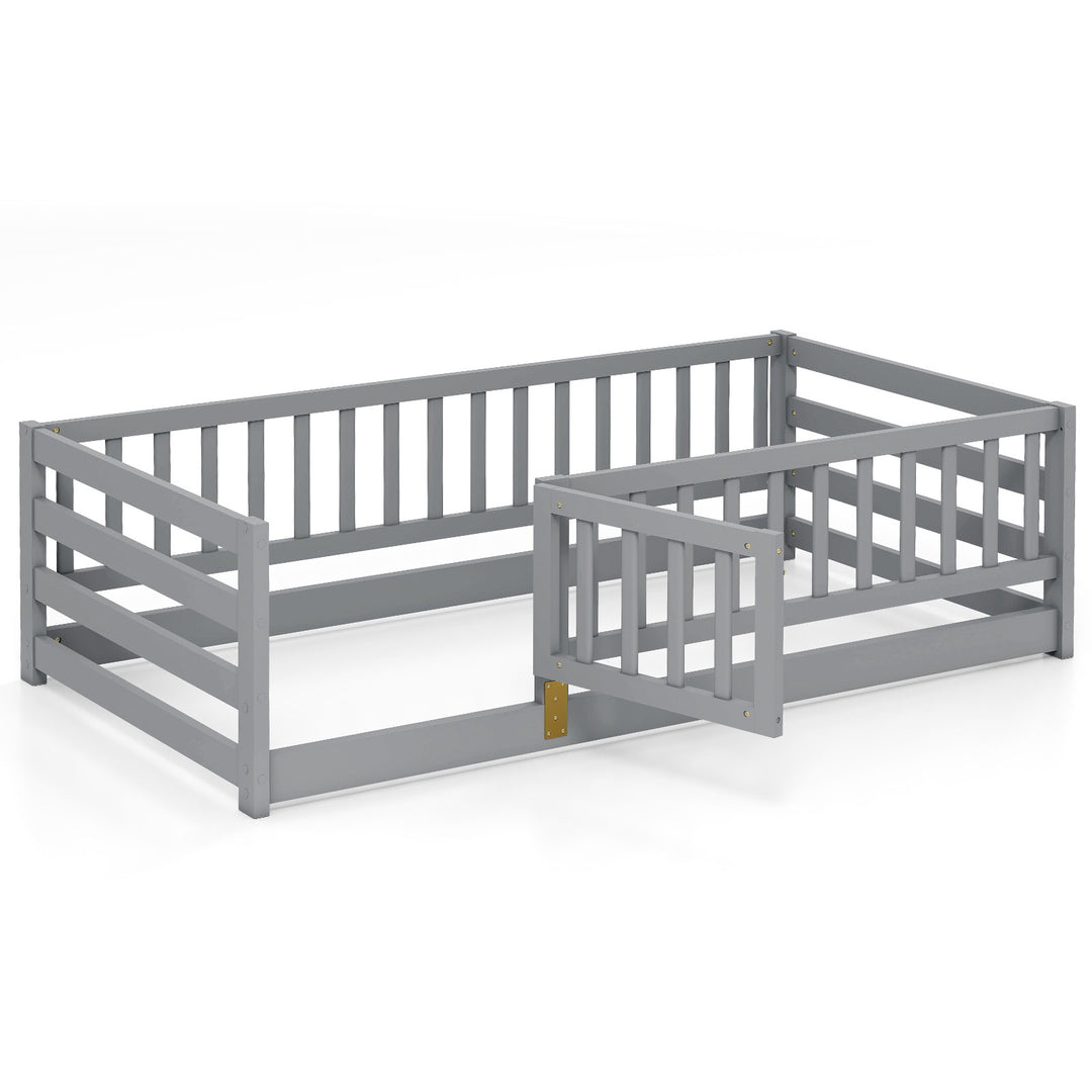 Twin Size Floor Bed with High Fence and Door Playhouse for Kids-Gray