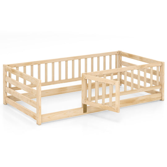 Twin Size Floor Bed with High Fence and Door Playhouse for Kids-Natural