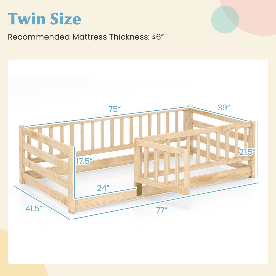 Twin Size Floor Bed with High Fence and Door Playhouse for Kids-Natural