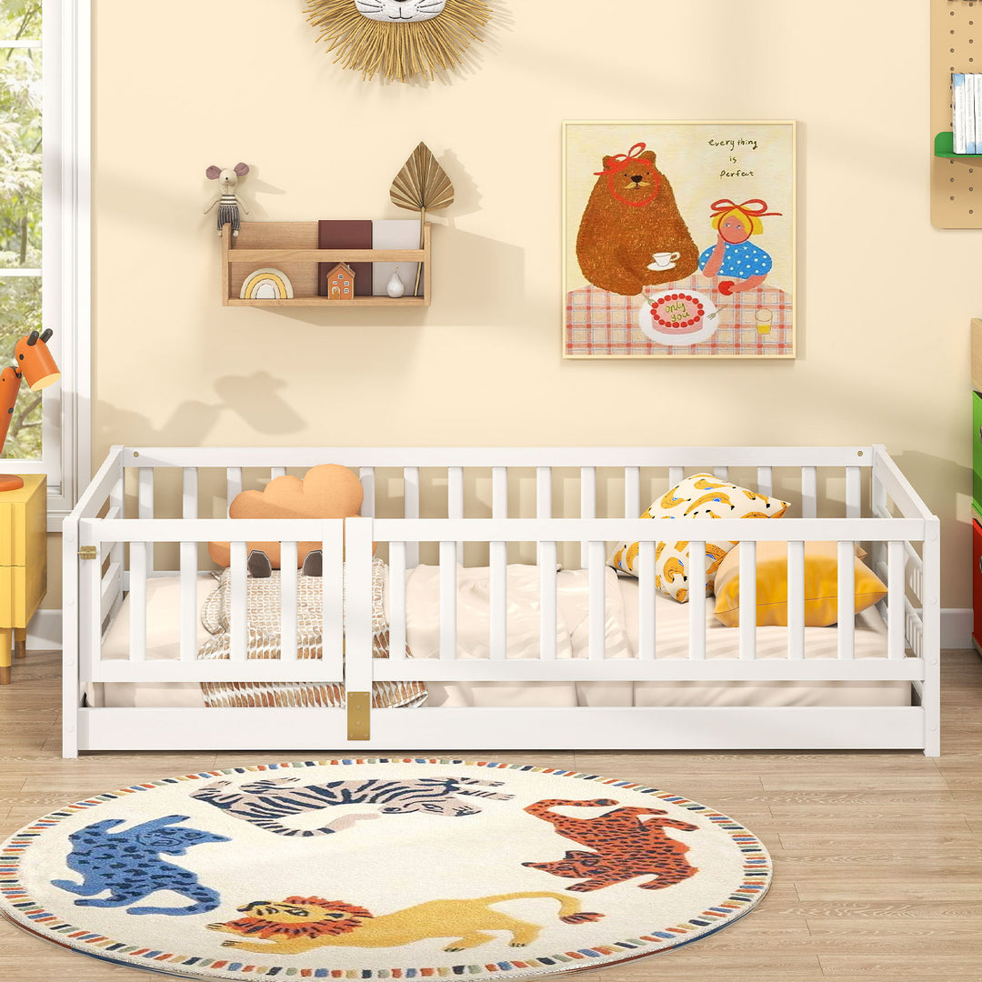 Twin Size Floor Bed with High Fence and Door Playhouse for Kids-White