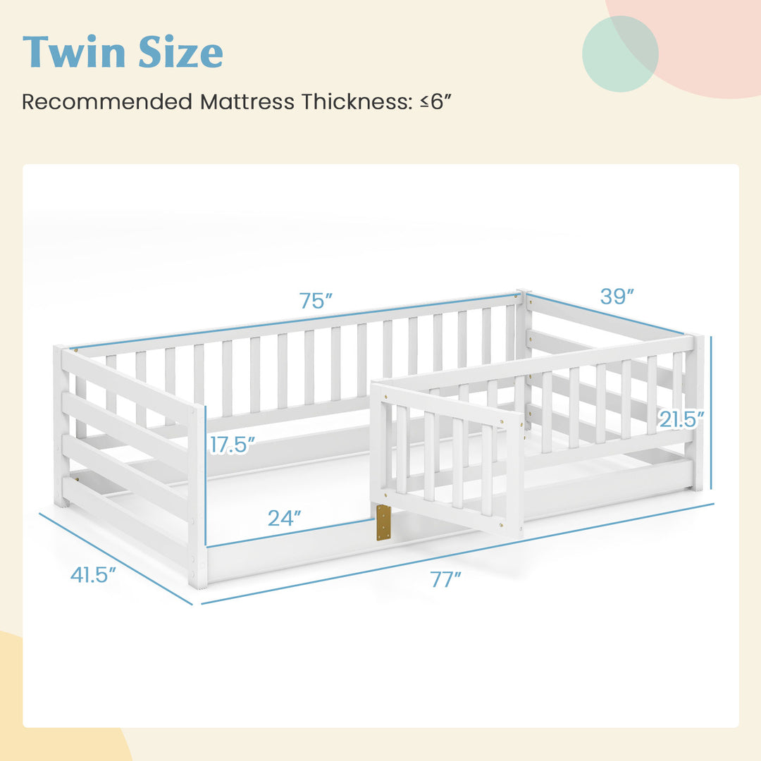 Twin Size Floor Bed with High Fence and Door Playhouse for Kids-White