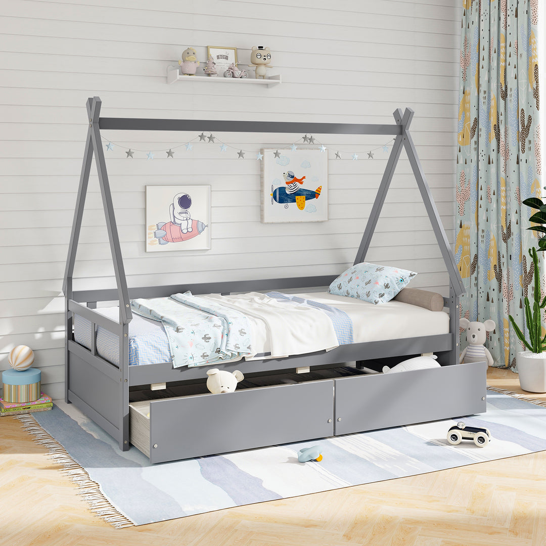 Twin Size House Bed with Roof and Safety Guardrail-Gray