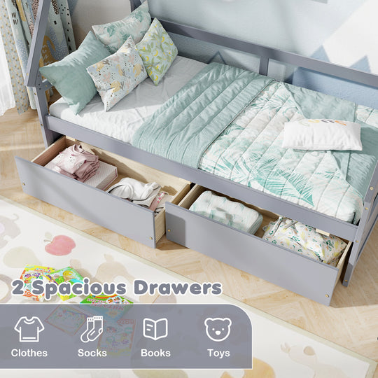 Twin Size House Bed with Roof and Safety Guardrail-Gray