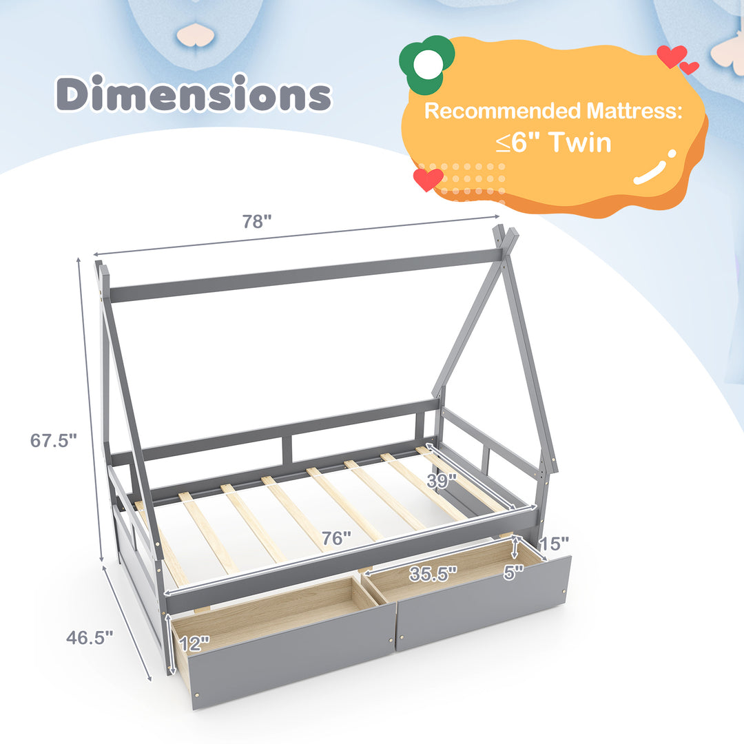 Twin Size House Bed with Roof and Safety Guardrail-Gray