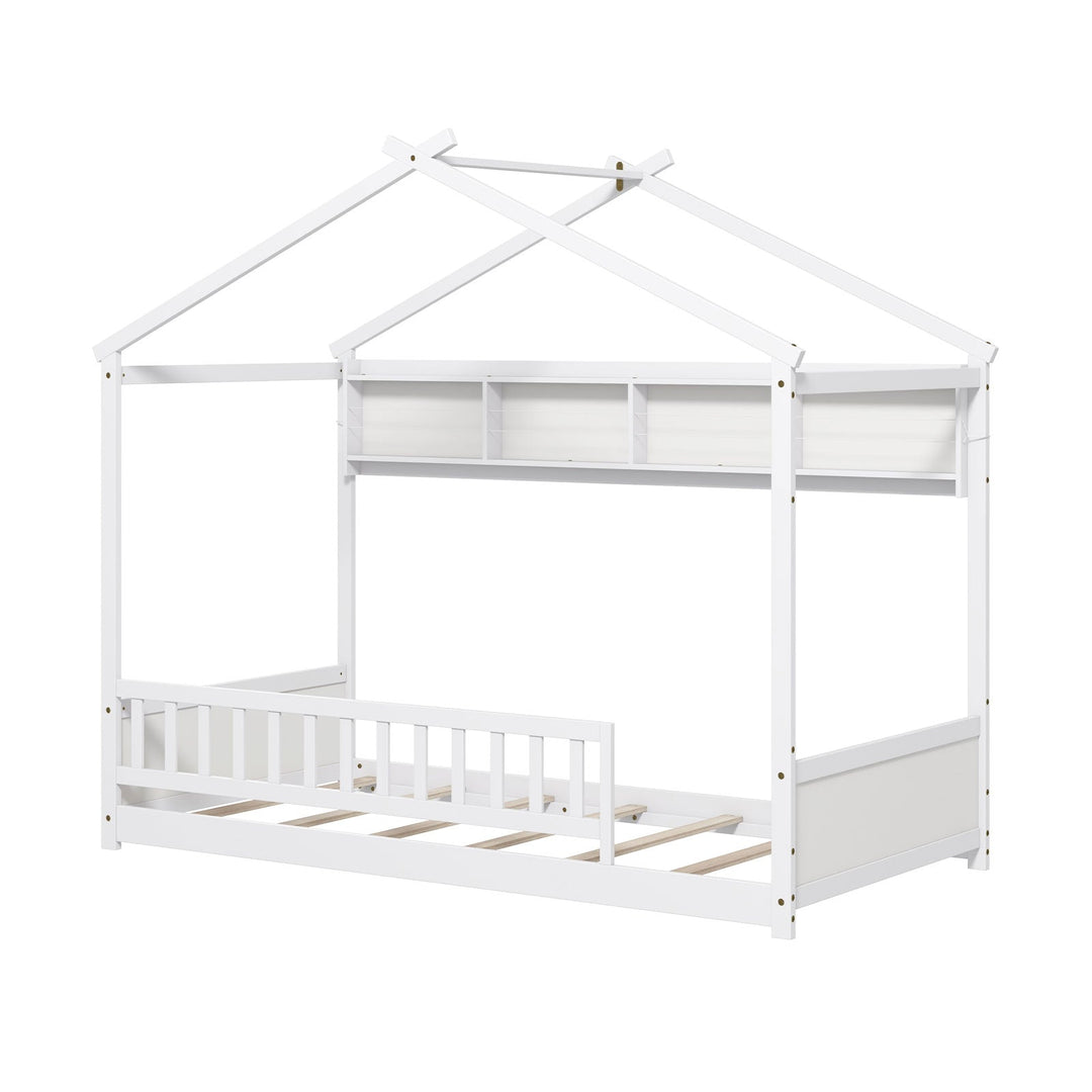 Twin Size House Bed with Storage Shelf and Headboard