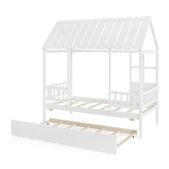Twin Size House Bed with Trundle Kids Platform Bed with Roof Window-White