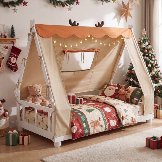 Twin Size House Floor Wood Bed with Tent