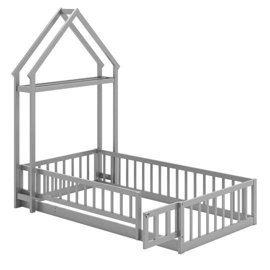 Twin Size House Floor Bed with House-shaped Headboard