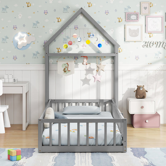 Twin Size House Floor Bed with House-shaped Headboard